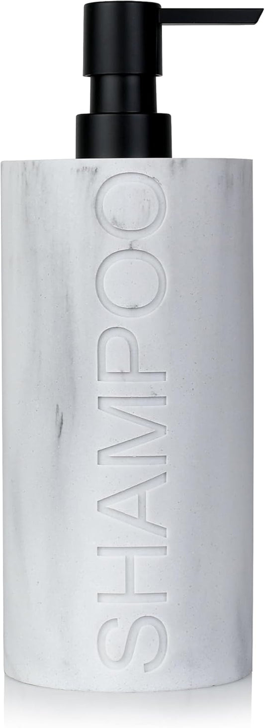 Matte White Shampoo Dispenser Modern Refillable Pump Bottle with Embossed Text, Durable Resin Construction for Bathroom and Kitchen