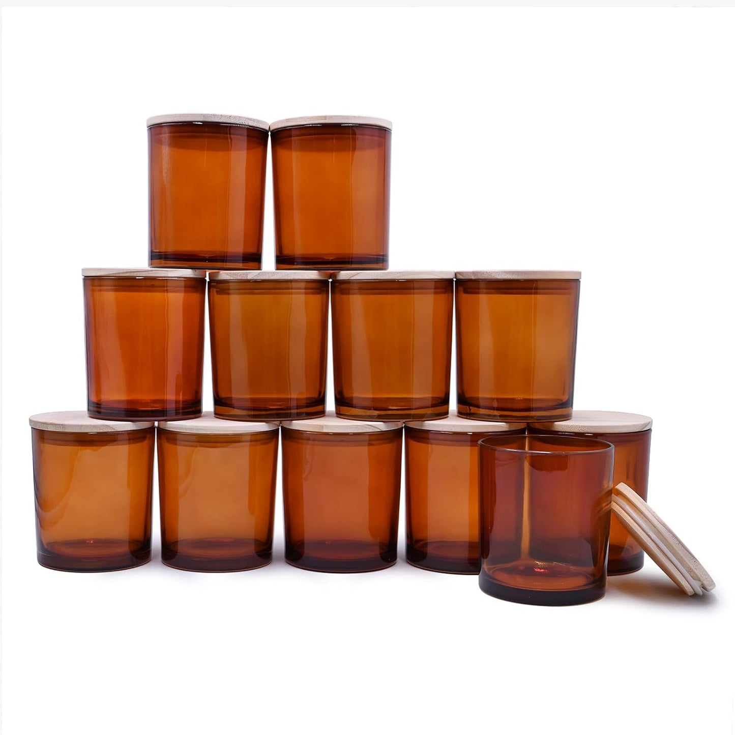 14 OZ Thick Candle Jars for Making Candles 12 Pcs, 3 Wick Empty Jars with Wood Lids for Candle Making, Sample Container,Clear Brown