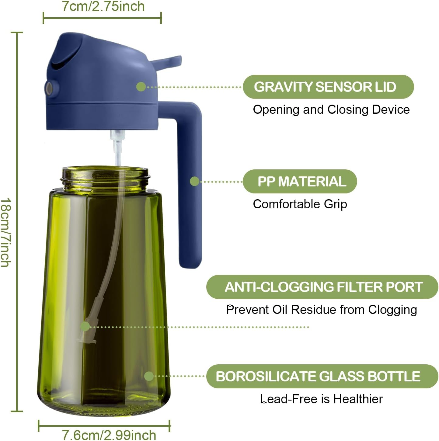YARRAMATE 16oz/470ml Dark Green Oil Sprayer for Cooking with Stickers, Food-grade Premium 2 in 1 Olive Oil Dispenser Bottle for Kitchen Gadgets, Air Fryer, Salad, Frying, BBQ (Navy)