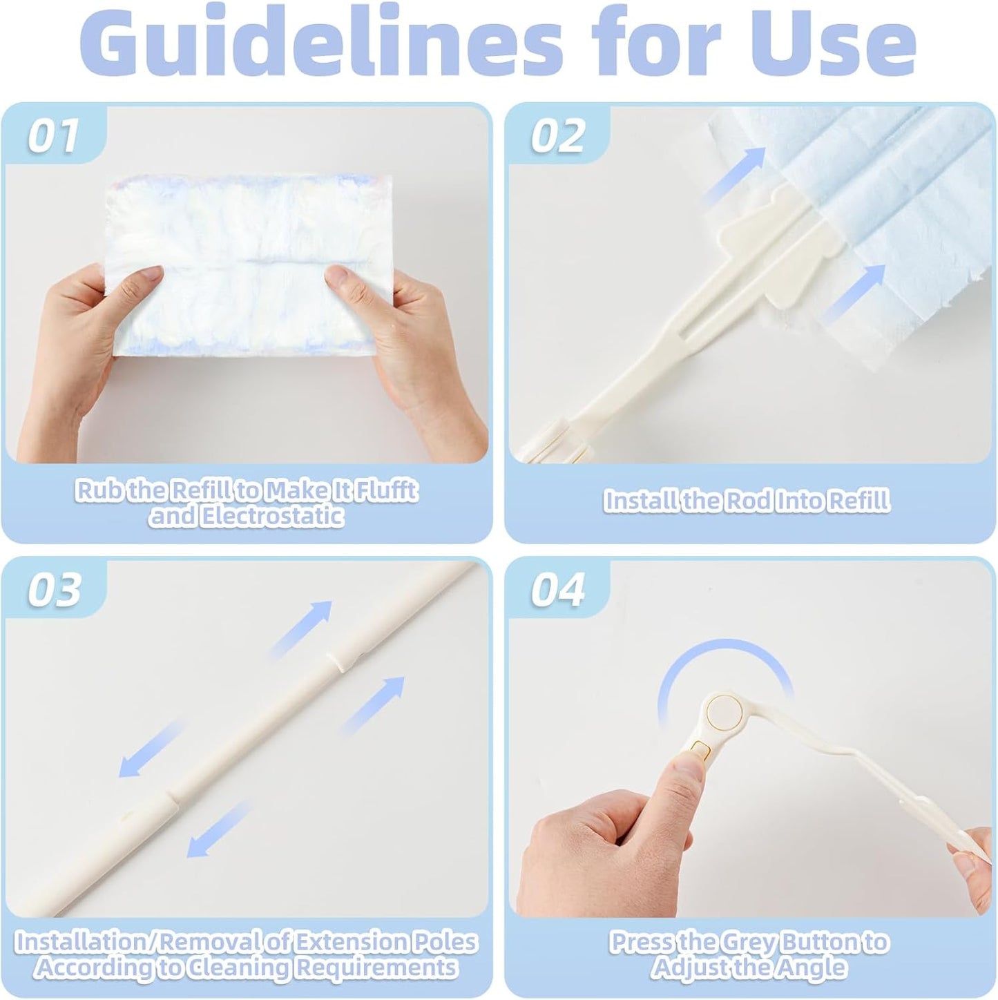 52 Count Disposable Duster Refills for Cleaning, 180° Dusters Refills Compatible with Swiffer (Blue, 50 Count Dust Removal Brushes + 1 Standard Handle + 1 Extended Handle)