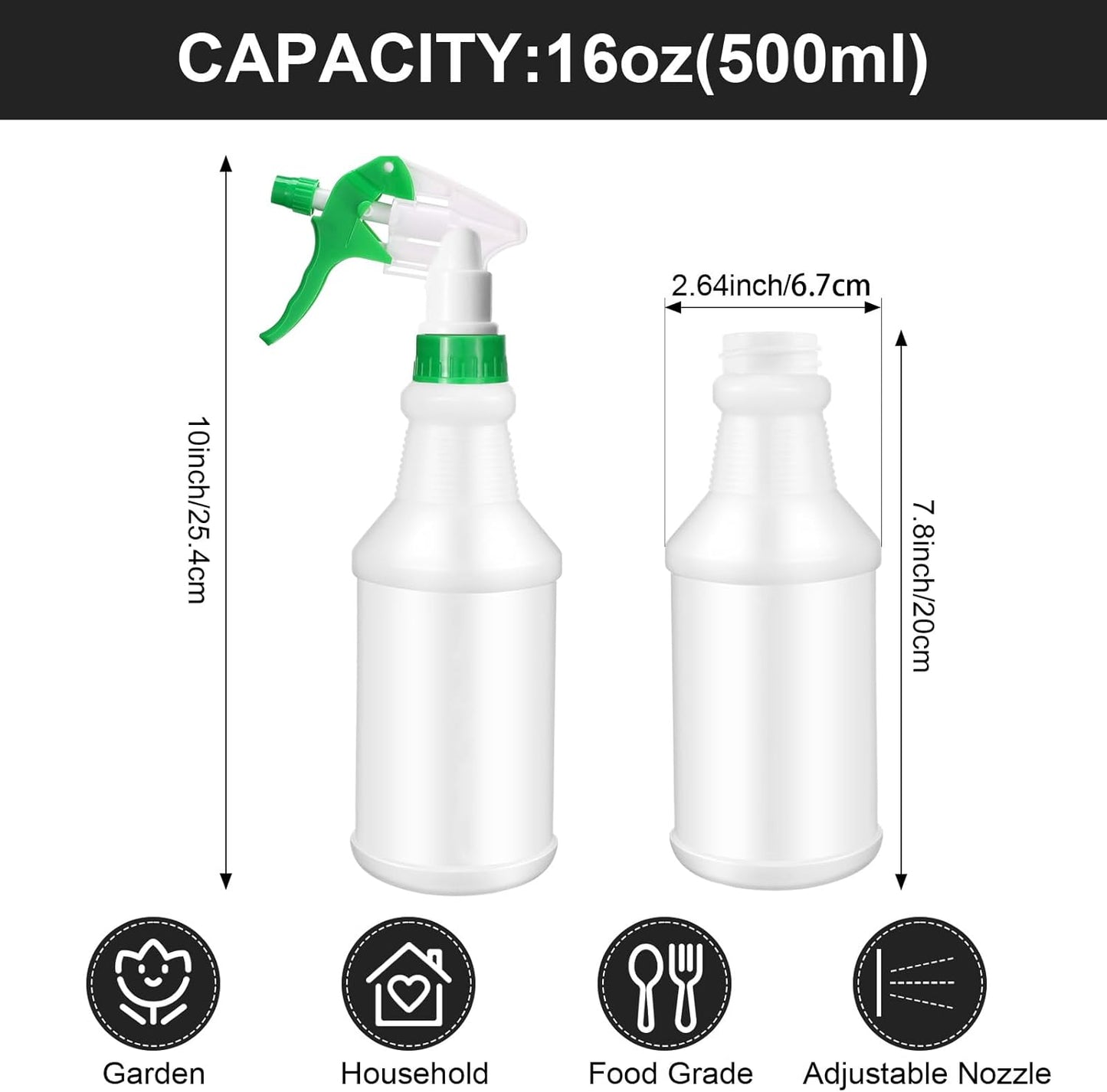 Eccliy 12 Pcs 16 Oz Plastic Spray Bottle, Adjustable Empty Reusable Sprayer for Cleaning, Planting, Water, Bathroom and Kitchen, BBQ, Commercial and Residential(Black, Green,Original)