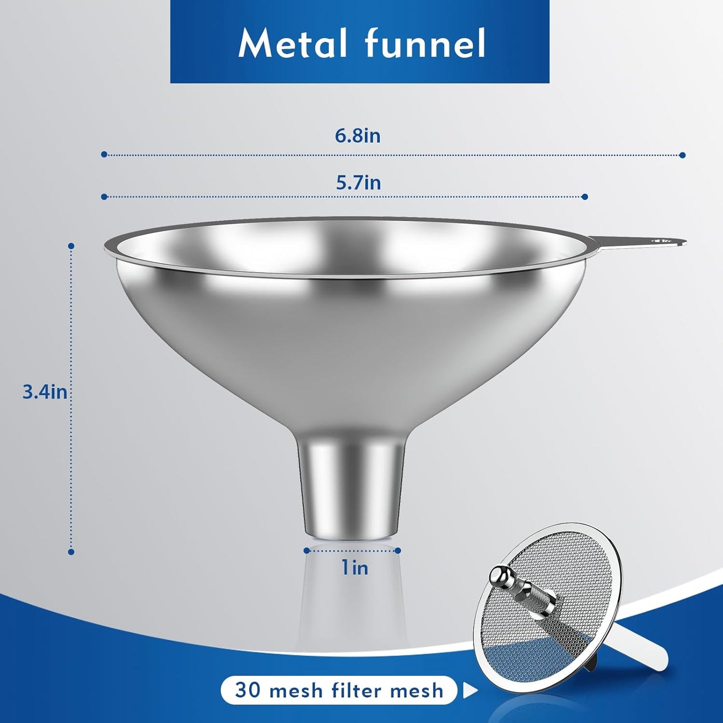 Stainless Steel Funnel with 30 Mesh Filter Food Grade Metal Funnel for Kitchen, Liquids, Oil, Powder, Wide Mouth Bottles, Home Brewing