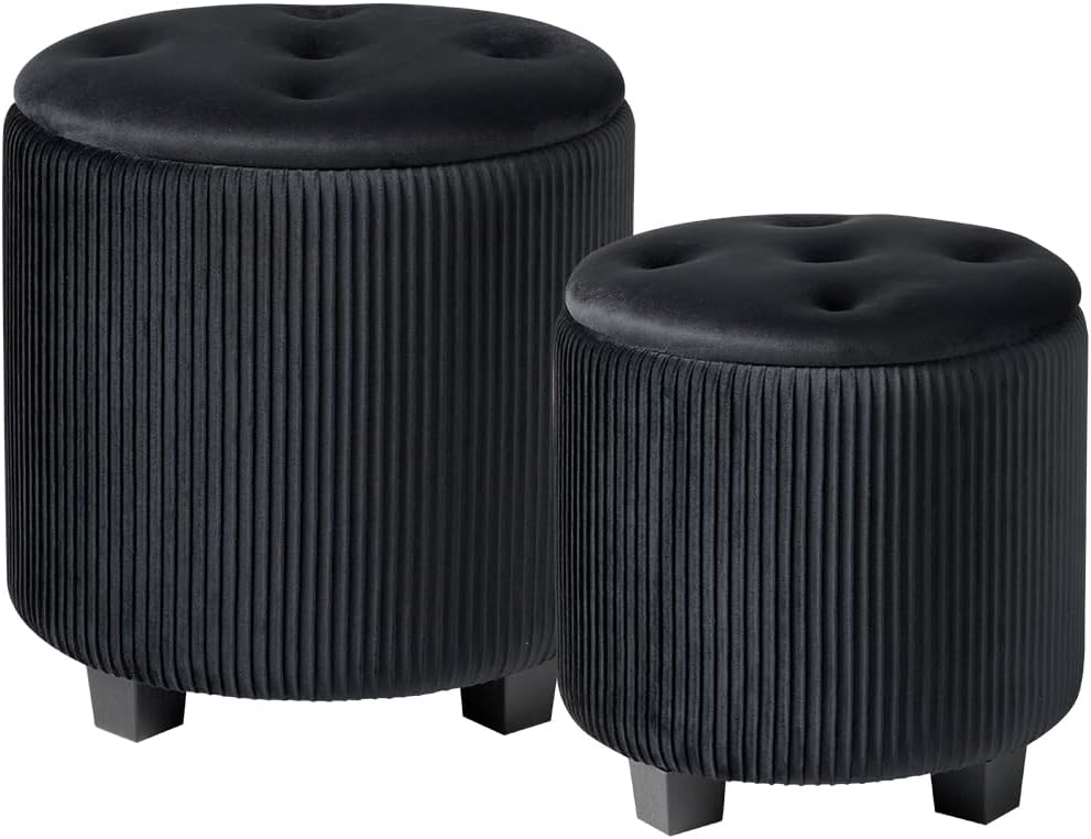 Big Round Ottoman with Storage Set of 2,Upholstered Velvet Vanity Stool for Makeup Multifunctional Foot Rest Coffee Table Padded Seat Tufted Ottomans for Living Room&Bedroom (Black)