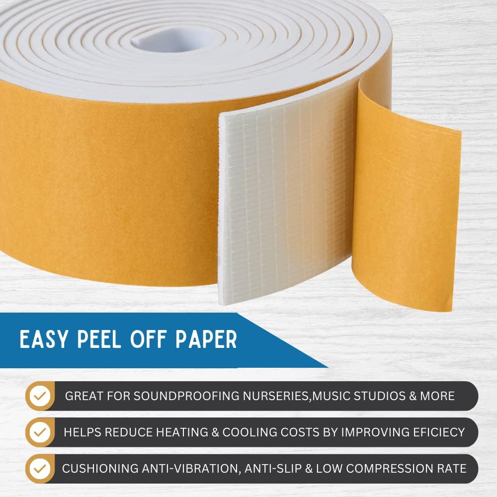 High Density Foam Weather Stripping Door Seal Strip Insulation Tape Roll for Insulating Door Frame, Window, Air Conditioner | Self Adhesive Sealing Weatherstrip (4 in x 1/4 in x 10 Ft, White)