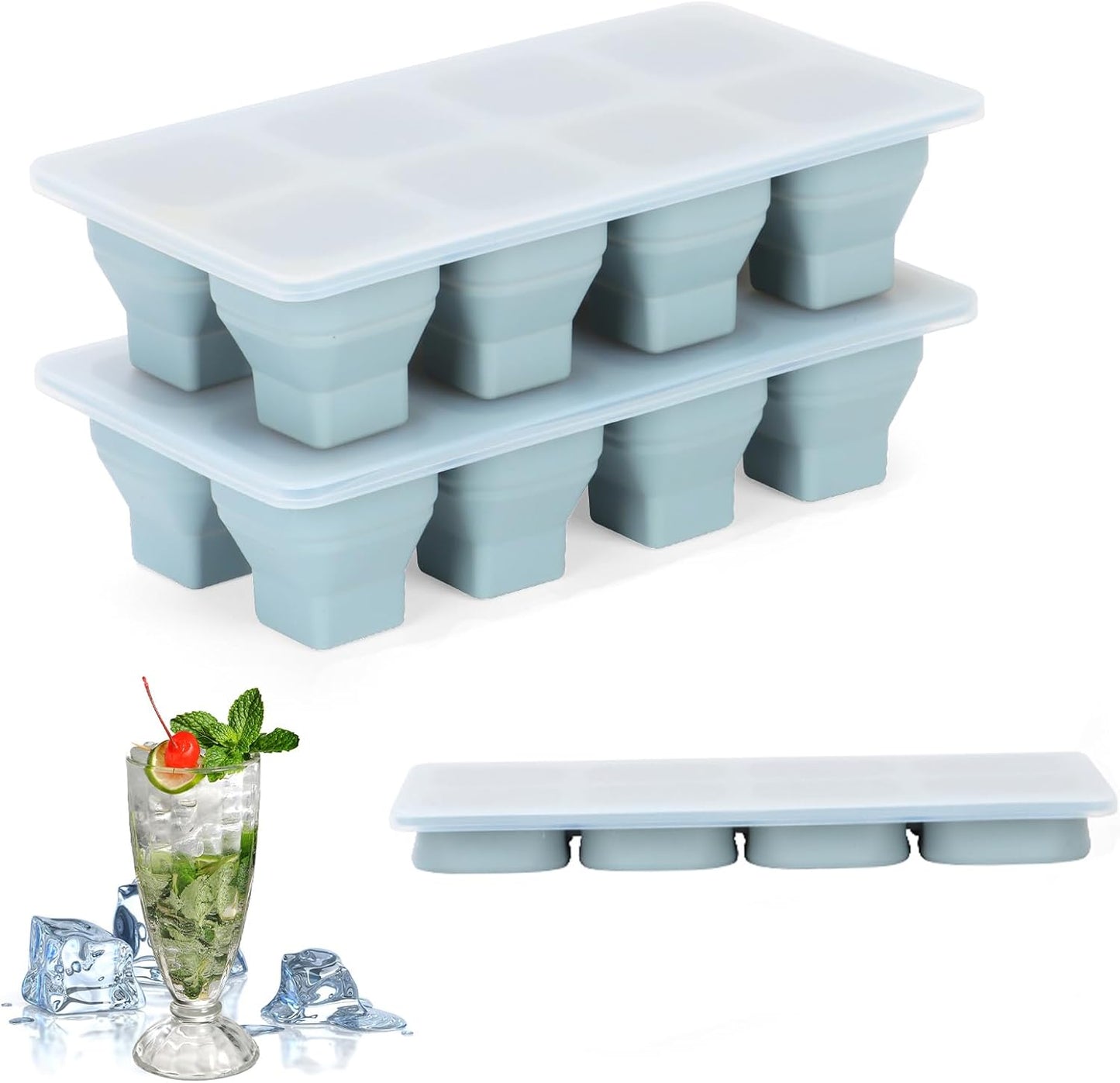 Foldable Ice Cube Trays, 2 Pack Folding Ice Cubes Maker Molds with Lid for Freezer, Easy-Release Silicone Ice Cube Tray Making, Ice Chilling Cocktail、Whiskey、Tea、Coffee、Ice Cream Maker、Baby Food