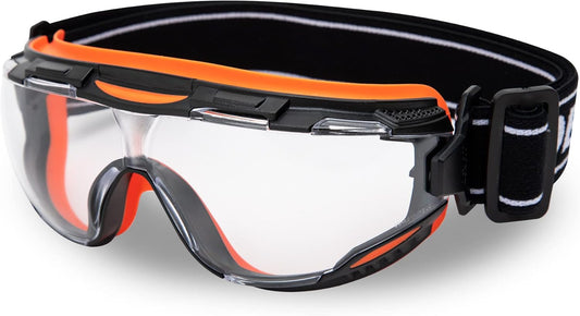 DEX FIT Protective Safety Goggles SG220; Anti Fog & Scratch, Z87 Eye Protection for Lab, Science, and Chemistry Work, Adjustable for Women and Men, (Black & Orange Frame, Clear Lens, 30cm Strap)