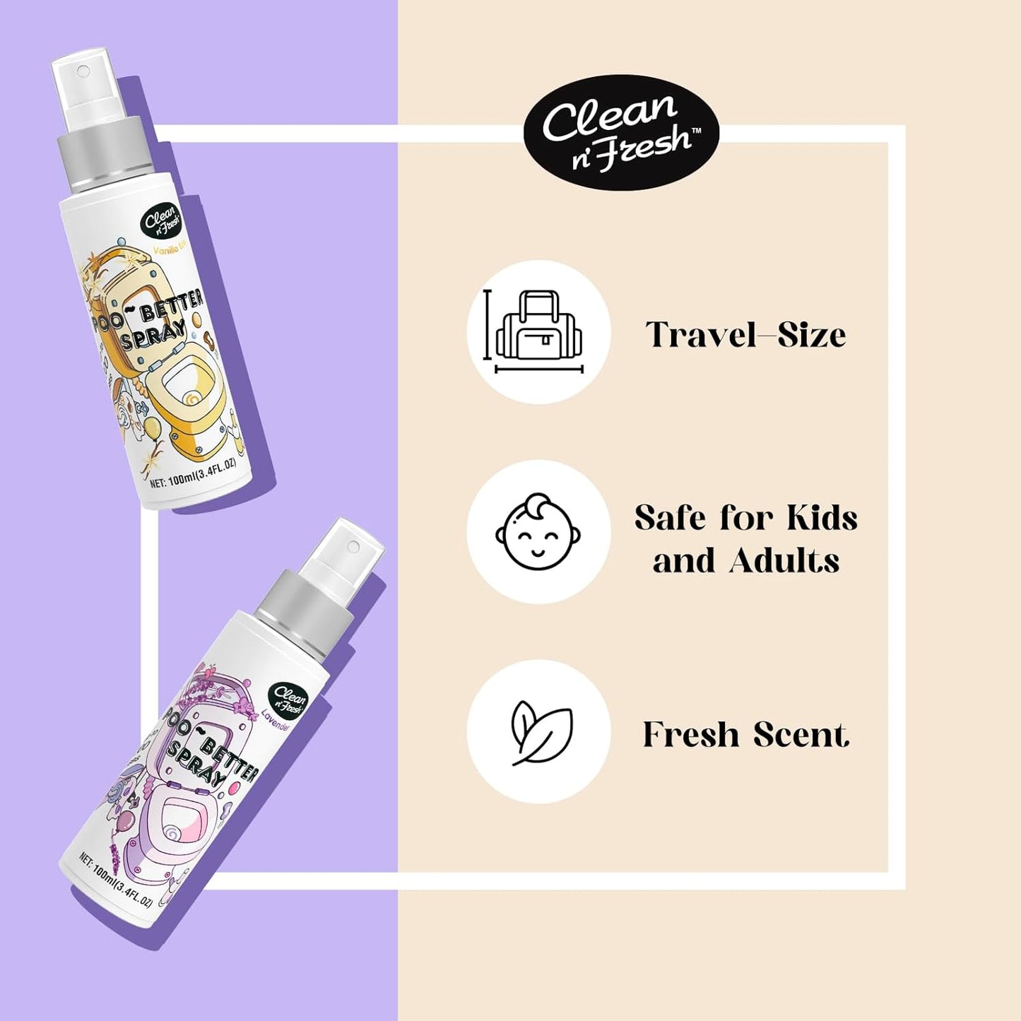 Clean-n-Fresh Toilet Spray 6.8 Fl.Oz, Vanilla Scent, Natural Plant Essential Oil Air Freshener & Odor Eliminator