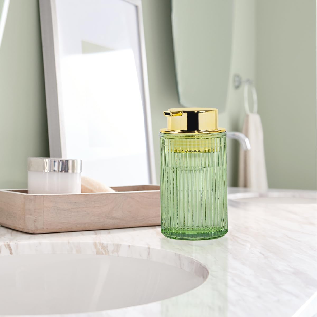 Green Foaming Soap Dispenser, Glass Foam Hand Soap Dispenser with Gold Pump, 12 Oz Bathroom Refillable Liquid Lotion Pump Ribbed Bottle Container for Kitchen Countertop Decor, 1pc