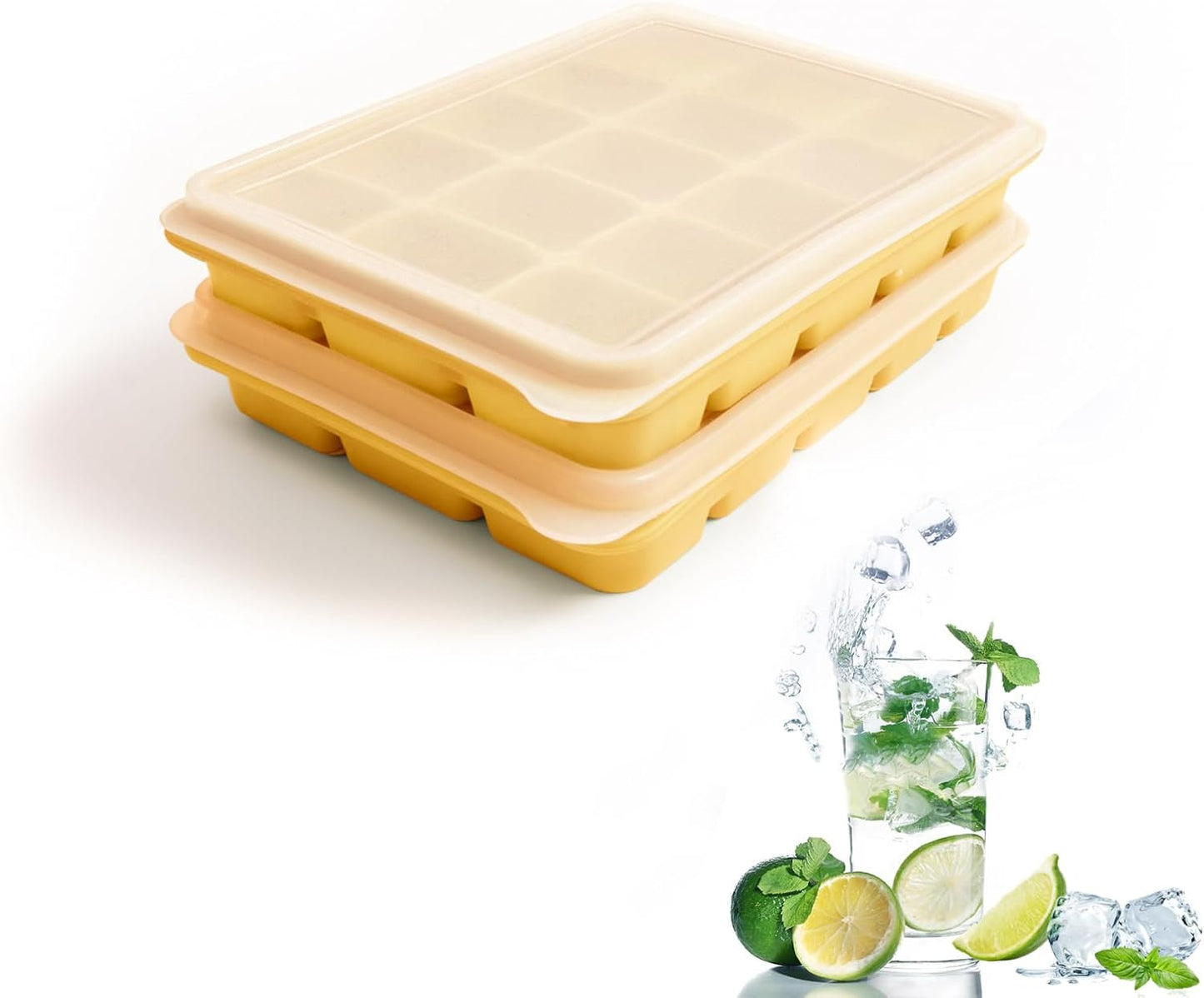 Tvmania Ice Cube Trays Set of 2, Easy Release 15 Flexible Silicone Ice Cube Molds with Removable Lid Reusable Freezer Ice Trays Stackable for Whiskey, Baby Food, BPA Free (yellow)