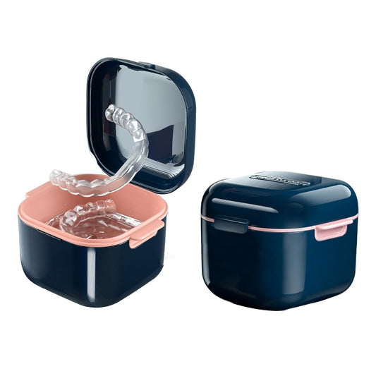 Denture Cup，Retainer Case,Cute Night Mouth Guard Box Holder, Storage Soak Container with Strainer basket for Travel Cleaning (Blue)