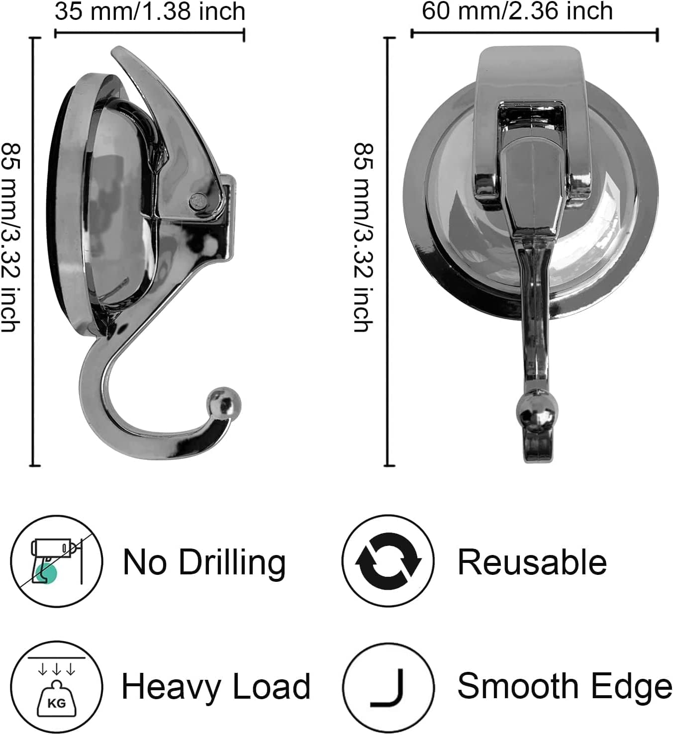 Heavy Duty Suction Cup Hooks for Shower, Bathroom Robe - Vacuum Glass Hooks, Reusable, No Hole Punched, for Garland Decoration (Silver Grey, 6 Pack)