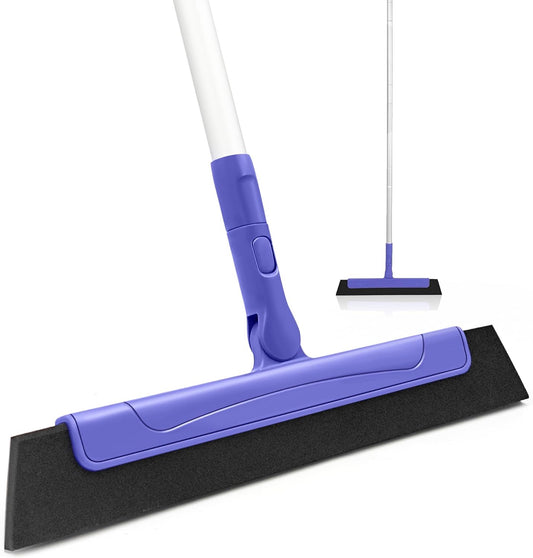 Floor Squeegee for Tile Floor and Shower Glass, Broom Rubber Blade with 48.4" Aluminum Long Handle, Water Blade Foam Pet Hair Wiper for Window Cleaning, Home, Garage, Bathroom, and Kitchen