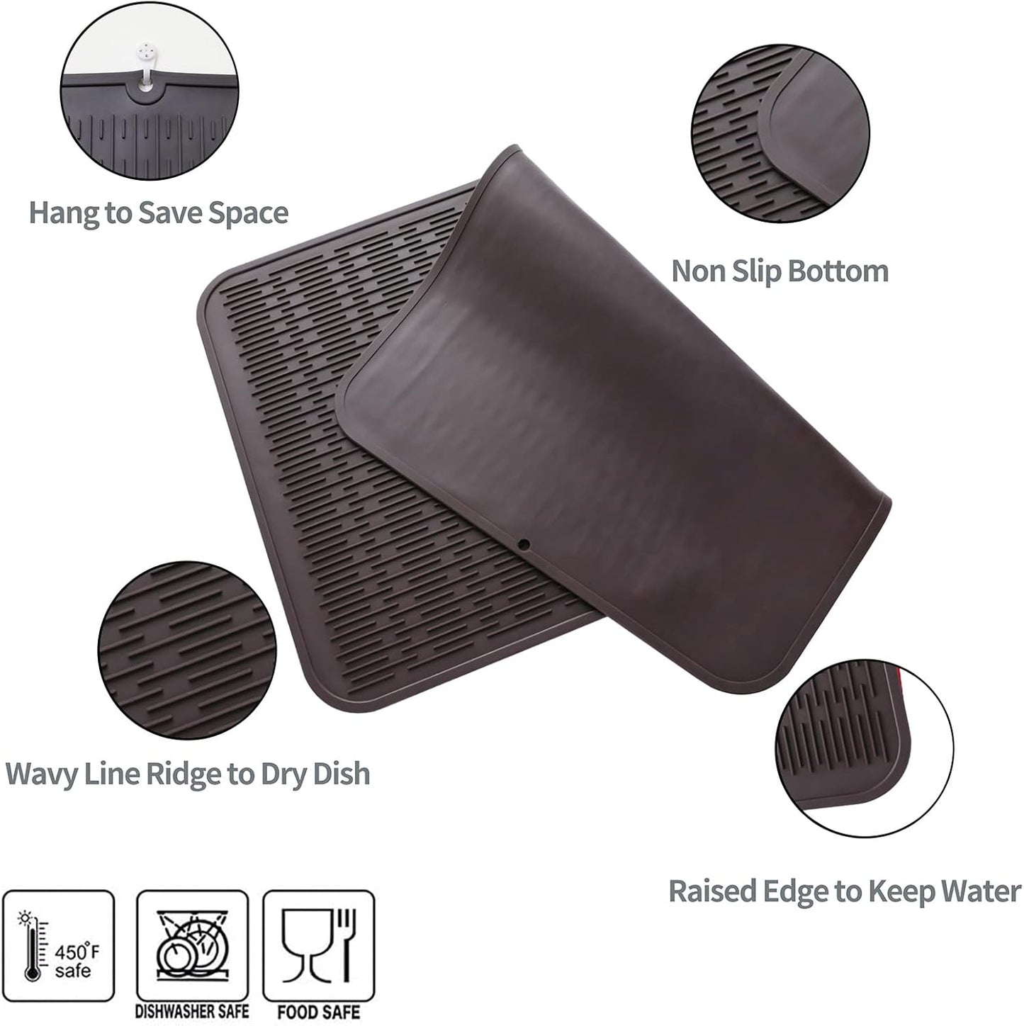 Silicone Dish Drying Mat for Multiple Usage,Easy clean,Eco-friendly,Heat-resistant Silicone Mat for Kitchen Counter or Sink,Refrigerator or Drawer Liner Coffee 3XL 28 inches x 18 inches