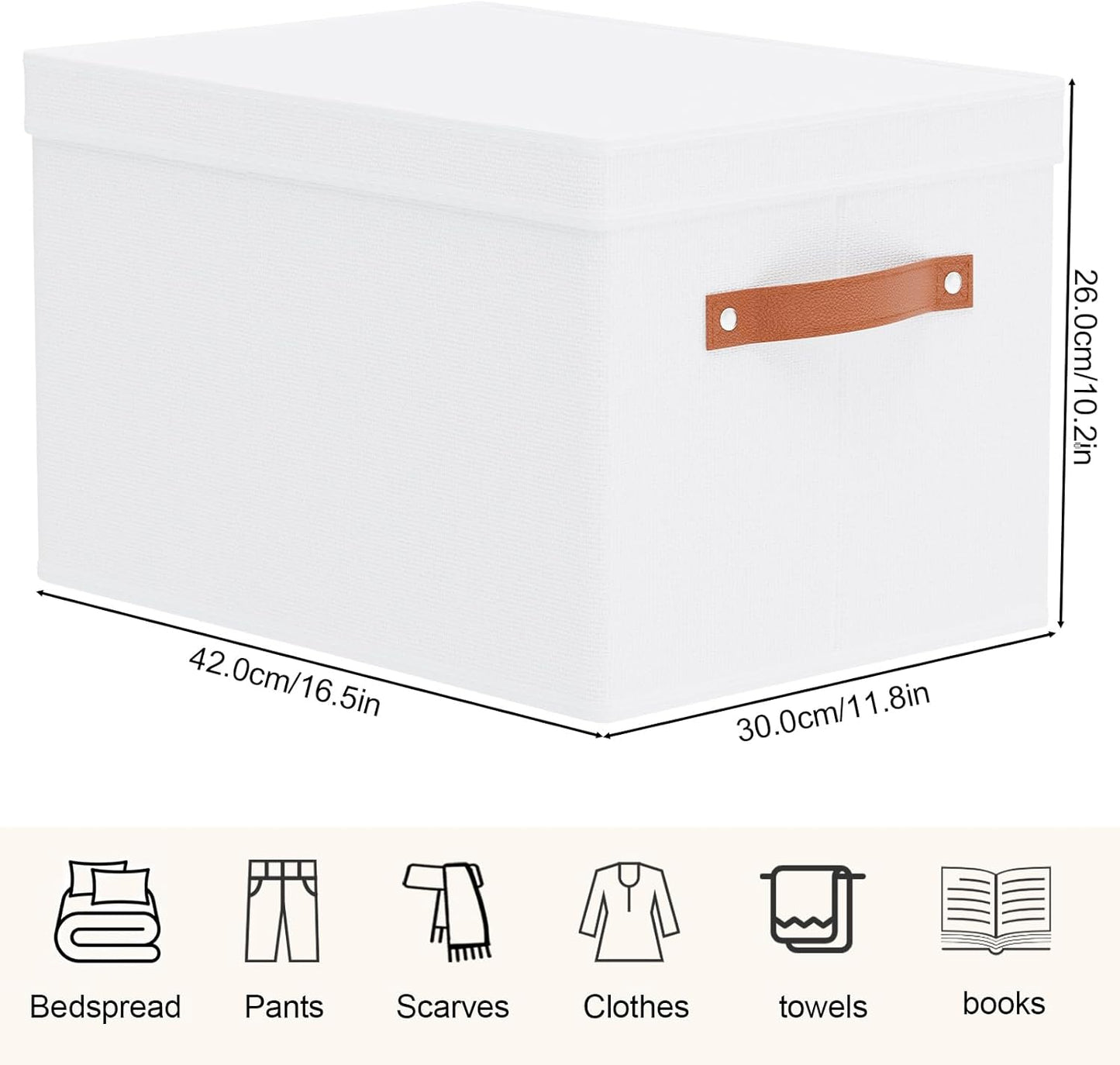 Fabric Storage Bins, Clothes Boxes for Shelves with Lids, 5 Pack Baskets for Organizing with Handles, Decorative Linen Closet Organizers, White, 16.5 x 11.8 x 10.2 Inch