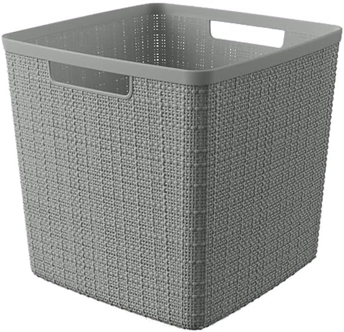 Curver Set of 4 Jute Large Cube Decorative Plastic Organization and Storage Baskets, Perfect Bins for Home Office, Closet Shelves, Kitchen Pantry and All Bedroom Essentials, Grey