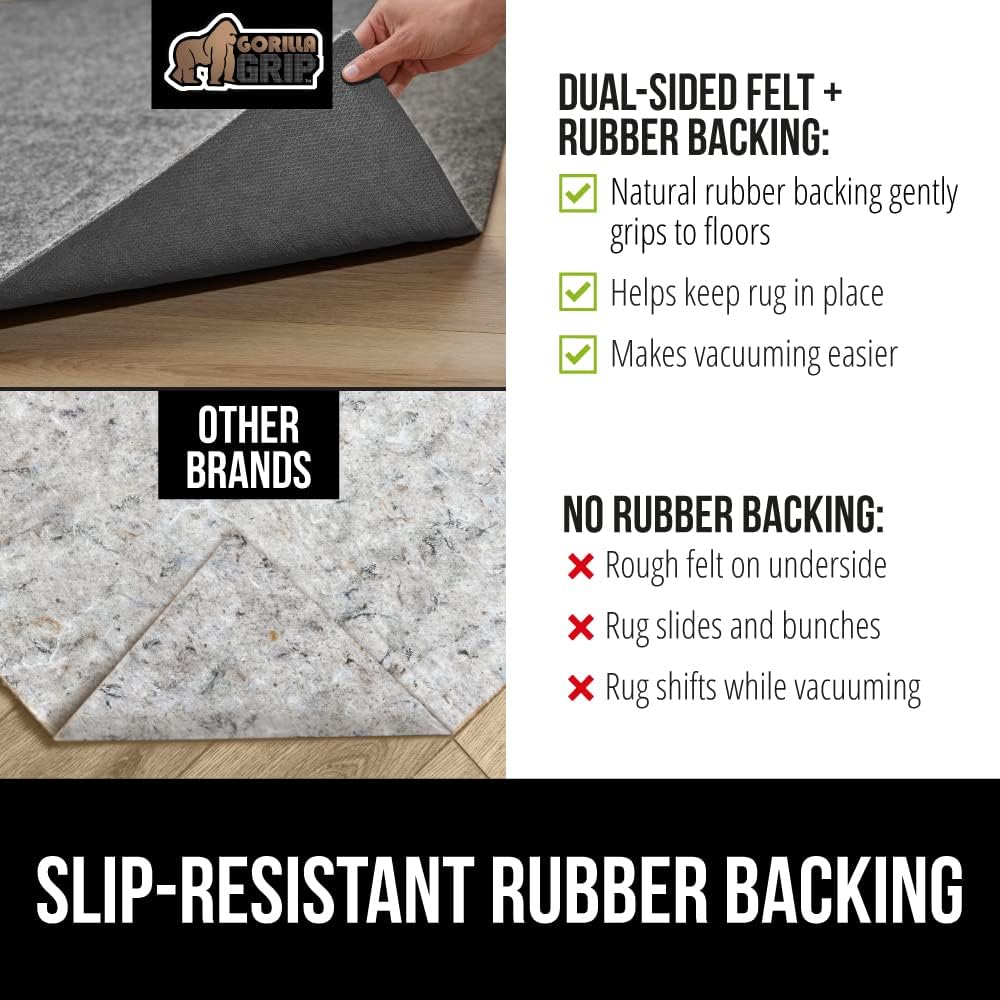 GORILLA GRIP Felt and Natural Rubber Stay in Place Slip Resistant Rug Pad, 1/8in Thick, 9x12 FT Protective Padding Under Area Rugs, Cushioned Gripper Pads, Carpet Runners, Hardwood Floors Protection