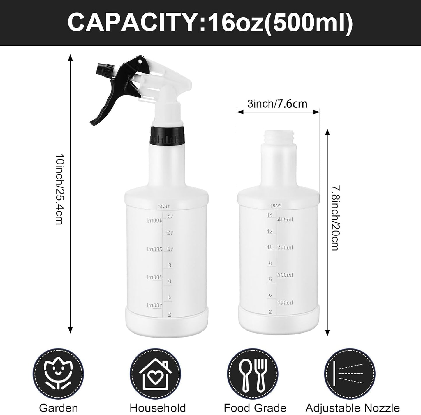 Eccliy 12 Pcs 16 Oz Plastic Spray Bottle, Adjustable Empty Reusable Sprayer for Cleaning, Planting, Water, Bathroom and Kitchen, BBQ, Commercial and Residential (Black&white)