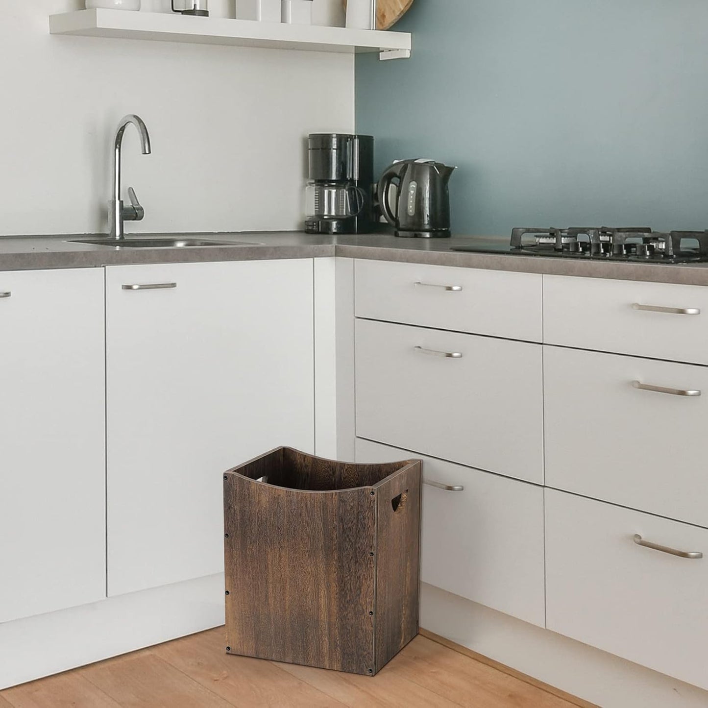 Wood Trash Can 5.3 Gallon Office Wastebasket Farmhouse Rectangular Garbage Can with Built-in Handles Small Trash Can for Bedroom Office Kitchen Bathroom Under Desk Large Storage