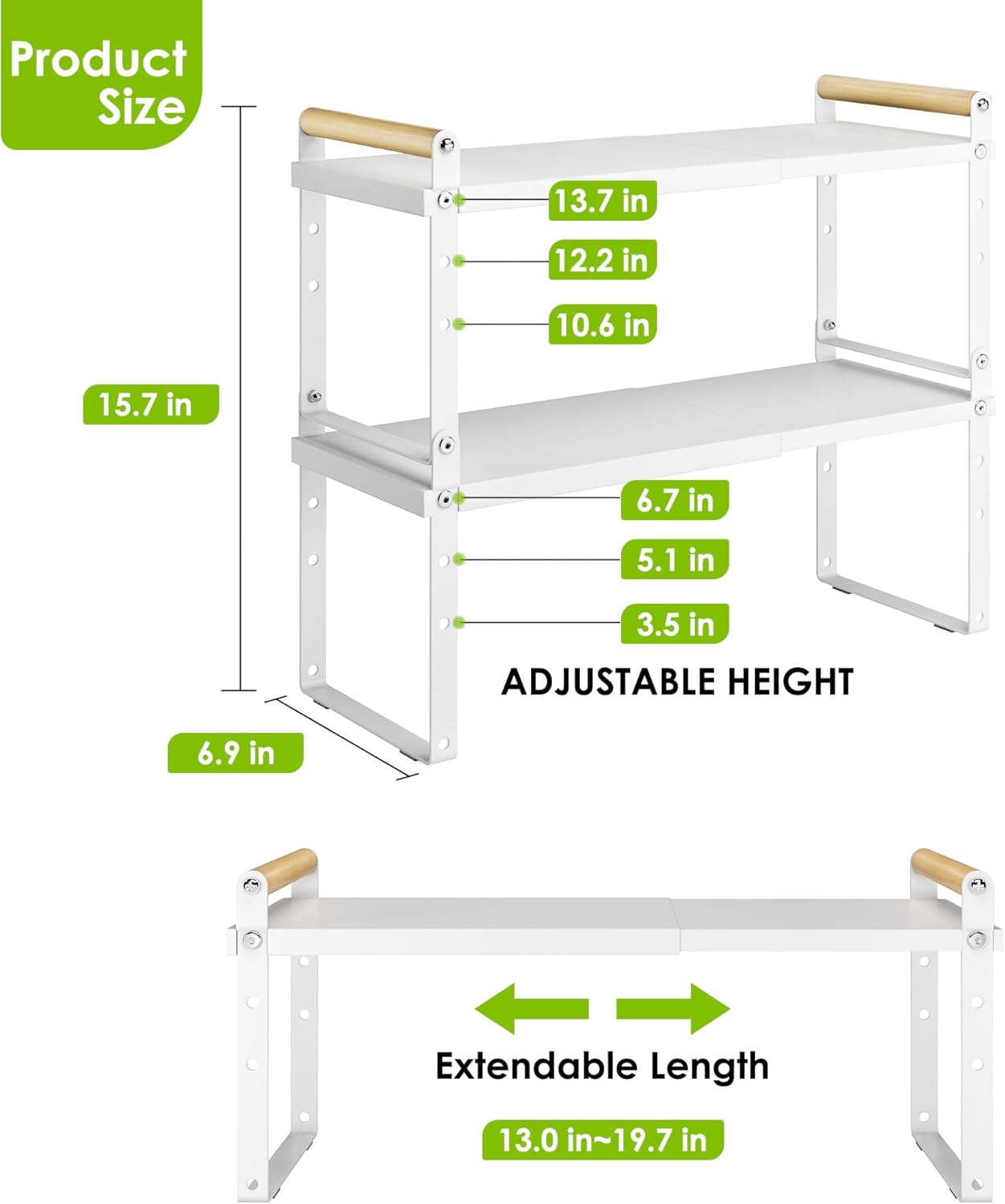 DOLALIKE Expandable kitchen Countertop Organizer, Stackable Cabinet Shelf Organizers, Space Saving Spice Rack Pantry Storage for Bathroom Office Organization (6.9'D*13-19.7''W*15.7''H, White)