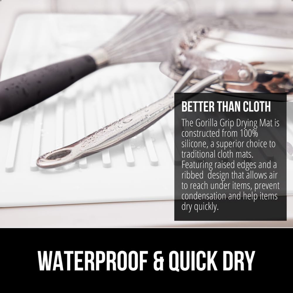 GORILLA GRIP 100% BPA-Free Patented Silicone Dish Drying Mat for Kitchen Counter, 18x16 Inch, Water Catching Ribbed Design, Easy Clean Waterproof Sink Liner, Heat Resistant, Fits Under Rack, White