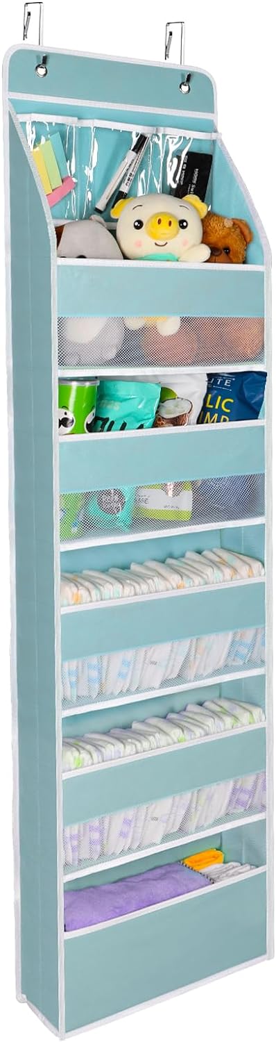 Univivi 6-Shelf Over Door Hanging Organizer Fabric Baby Door Storage with 5 Large Pockets and 3 Small PVC Pockets Wall Mount Hanging Storage Organizers for Baby Essential (Blue)