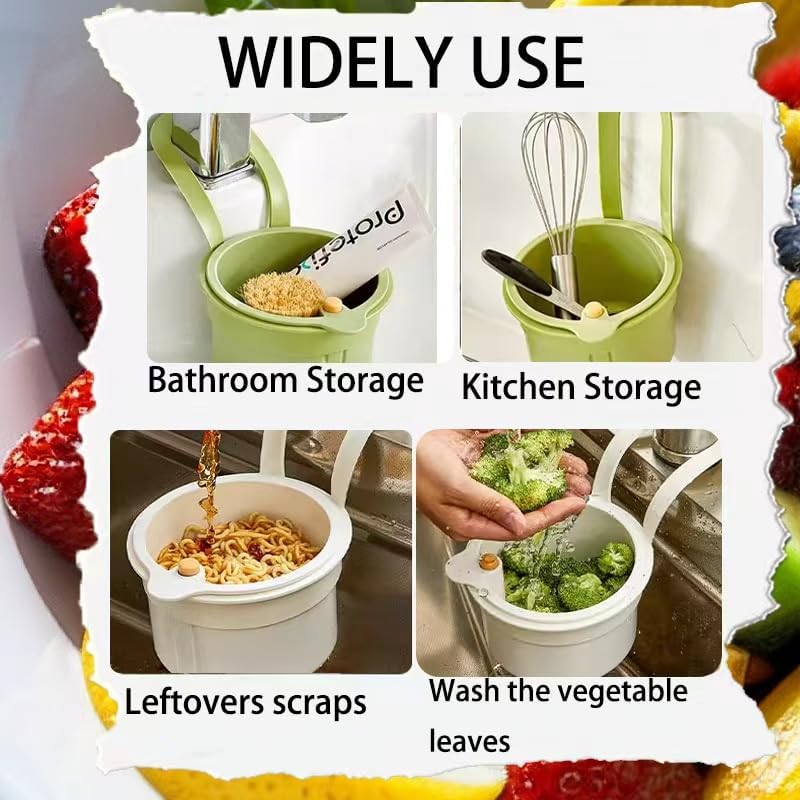 Sink Strainer Basket, Hanging Kitchen Sink Strainer Basket, Press to Dump, Easy Installation, Food Fruit & Vegetable Drainer Rack, Corner Waste Collector (Green)