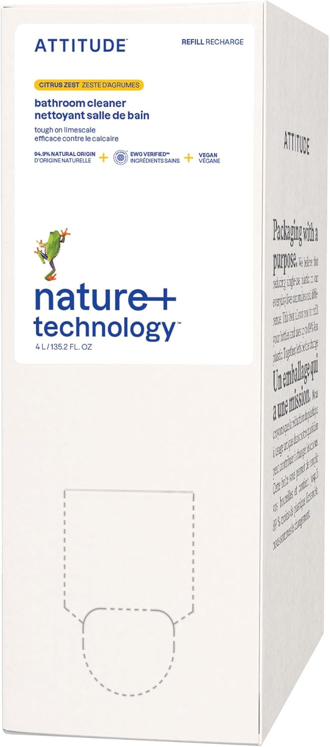 ATTITUDE Bathroom Cleaner Spray Refill, EWG Verified, Plant-Based & Vegan, Safe for Bathroom Surfaces, Tiles, Tubs, Shower Walls, and Grout, Citrus Zest Scent, 135.26 Fl Oz