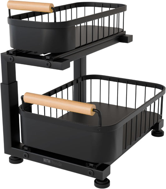 Premium Heavy Duty Carbon Steel Under Sink Organizer, 2 Tier Pull Out Cabinet Organizer, 7 Adjustable Heights with Smooth Ball Bearing Sliding Baskets for Bathroom & Kitchen