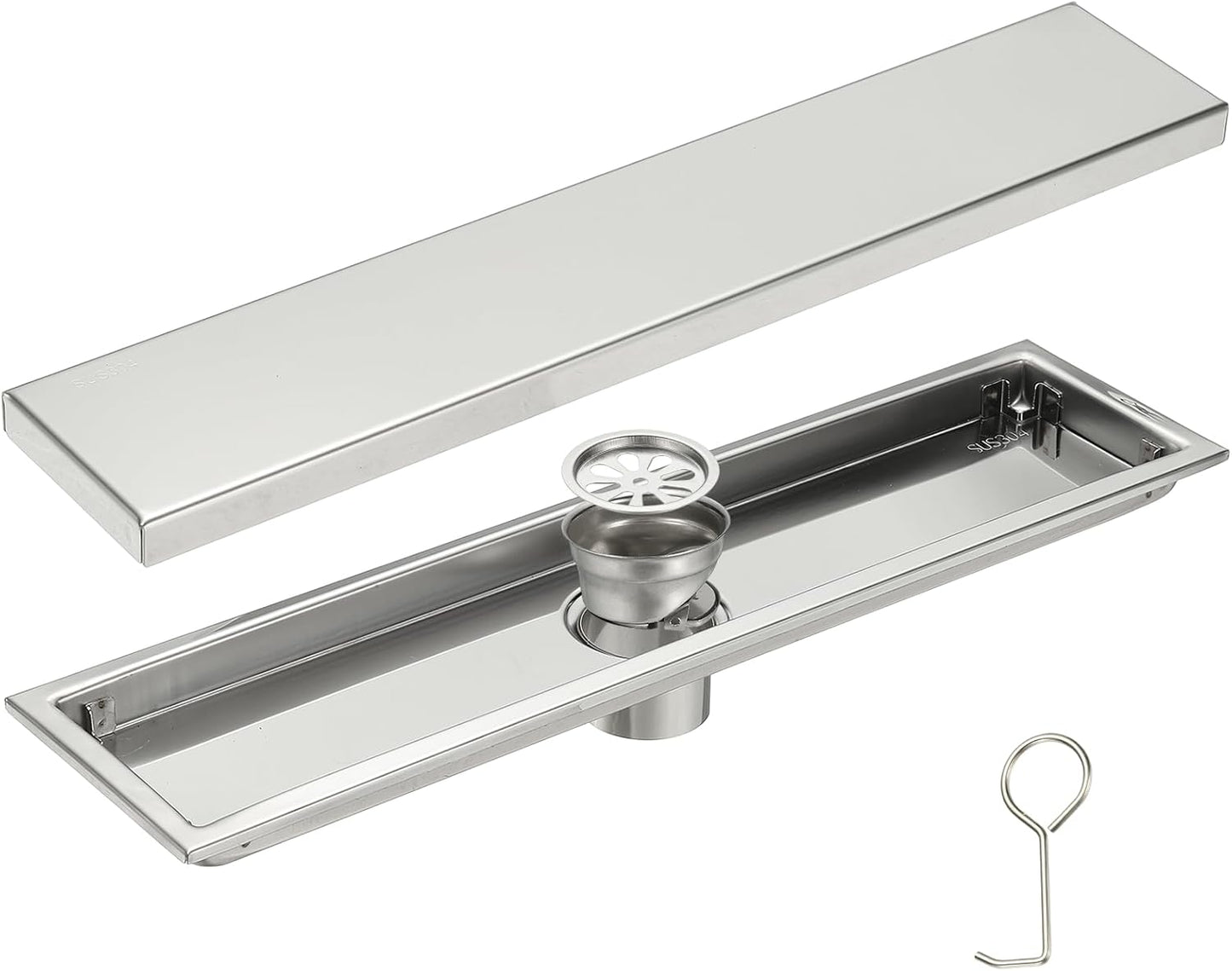 uxcell Rectangular Shower Drain, Brushed 304 Stainless Steel Odor-Proof Floor Drain Linear Shower Drain Hair Catcher for Bathroom Kitchen and Laundry Room(16 Inch, Brushed Silver)