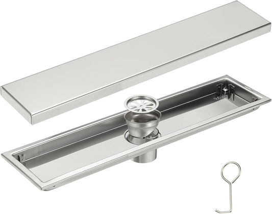 uxcell Rectangular Shower Drain, Brushed 304 Stainless Steel Odor-Proof Floor Drain Linear Shower Drain Hair Catcher for Bathroom Kitchen and Laundry Room(16 Inch, Brushed Silver)