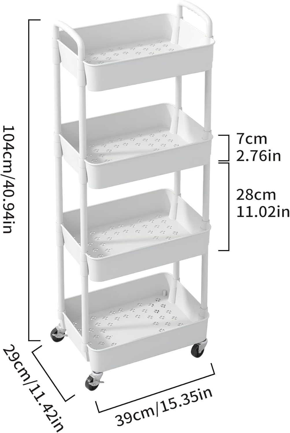 Sywhitta 4-Tier Plastic Rolling Utility Cart with Handle, Multi-Functional Storage Trolley for Office, Living Room, Kitchen, Movable Storage Organizer with Wheels, White