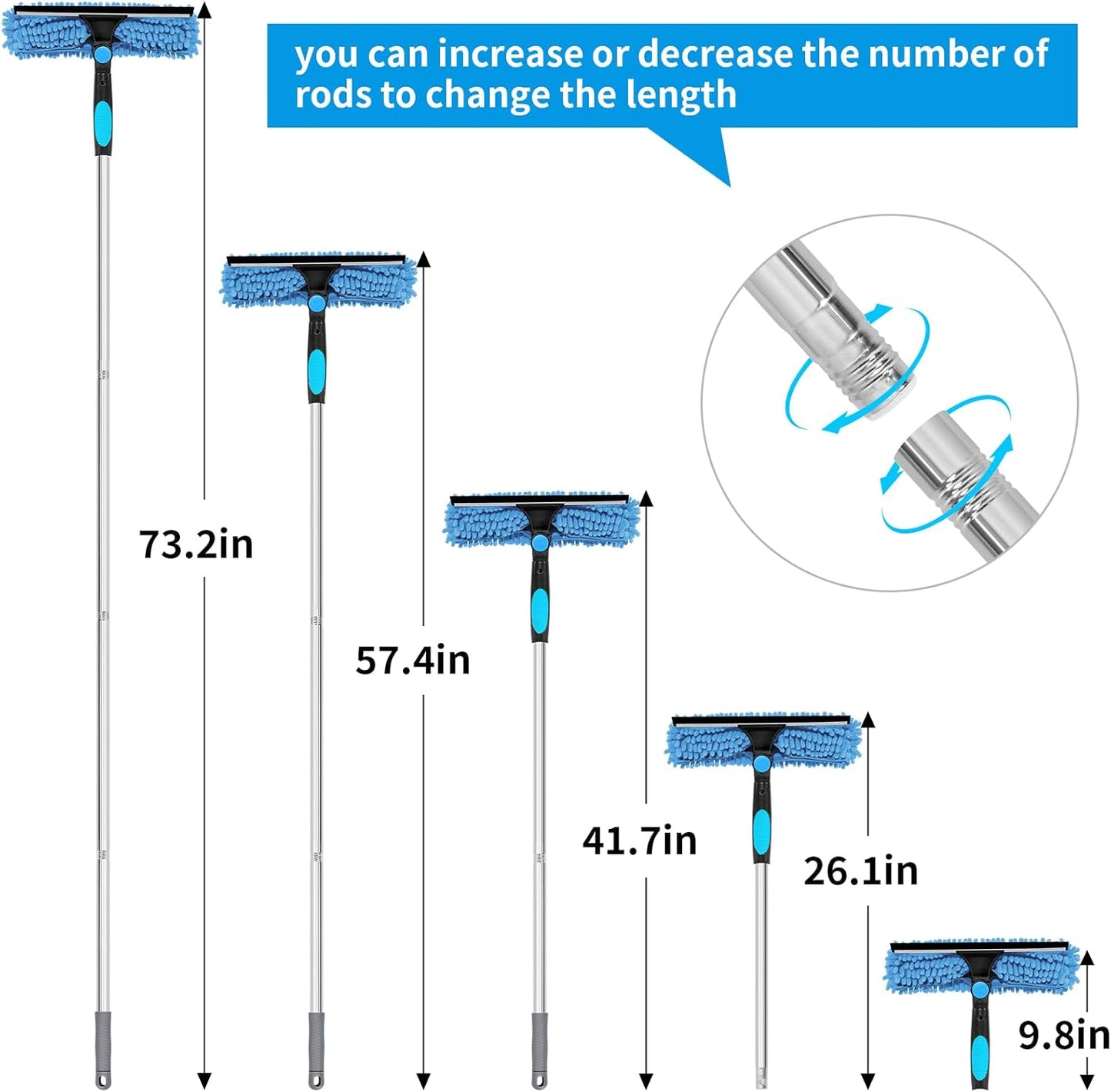Professional 72'' Window Squeegee Cleaning Washing Tool/Kit with Extension Pole, 3 in 1 Squeegee for Window Cleaning Kit for High Window with 1 Rotatable Head 4 Interchangeable Scrubber
