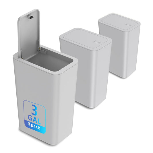 N. NETDOT 3 Pack Small Trash Can with lid, 3 Gallon Bathroom Trash Can,Garbage Can Slim Trash Bin Waste Basket for Bathroom,Kitchen,Bedroom,Living Room,Office,Laundry - Grey