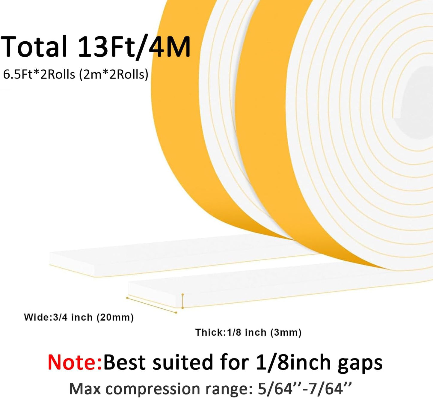 Closed Cell Weather Stripping for Various Door Seal and Window Insulation, Foam Strips Self Adhesive, SoundProof Weatherproof AC Seal, Shock-Absorbing, Winterizing (3/4 in x 1/8 in x 13Ft)