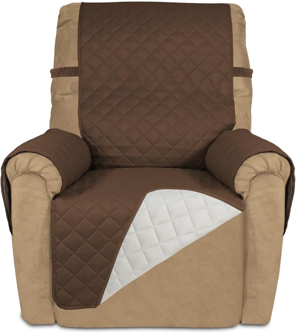 PureFit Reversible Quilted Sofa Cover, Water Resistant Slipcover Furniture Protector, Washable Couch Cover with Non Slip and Elastic Straps for Kids, Dogs, Pets (Recliner, Coffee/Ivory)