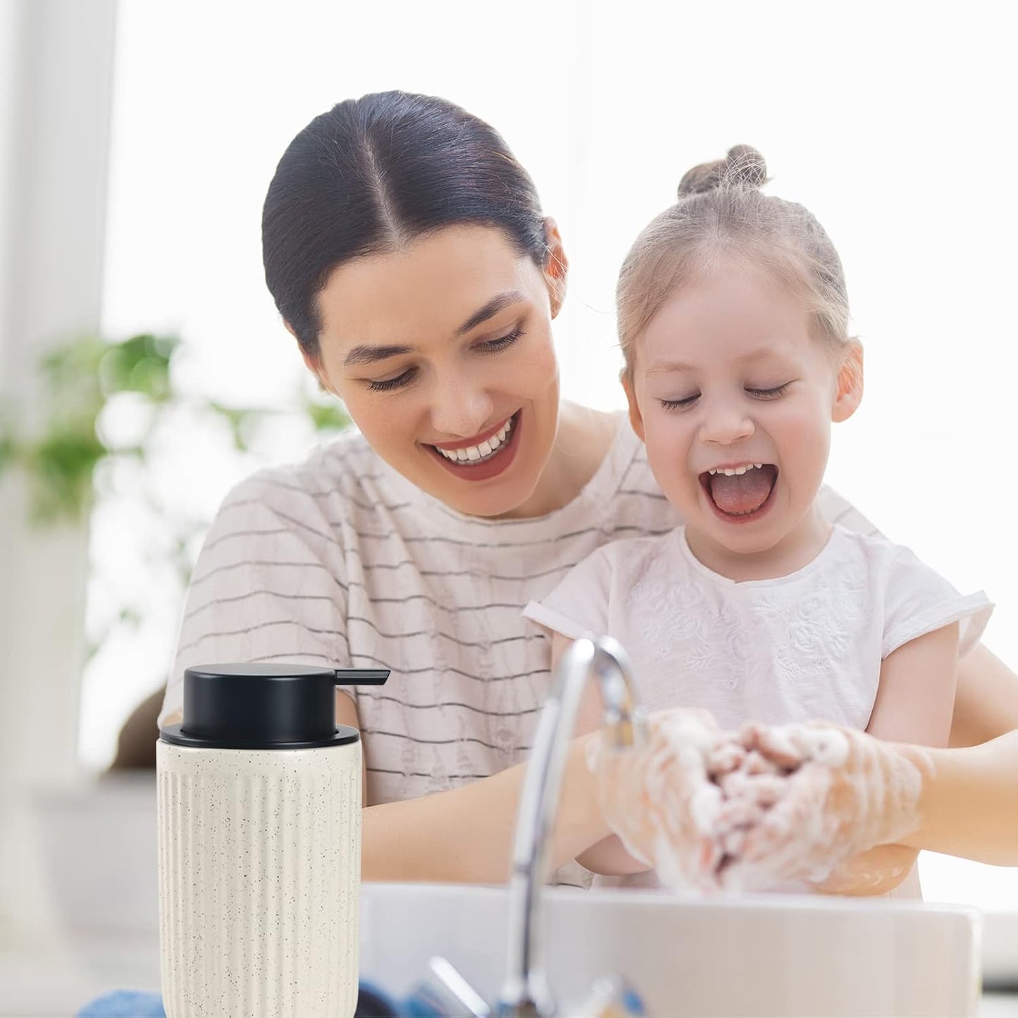 BosilunLife Foam Hand Soap Dispenser - Ceramic Foaming Soap Dispenser for Bathroom 12oz Refillable Liquid Lotion Soap Dispenser with Rust-Proof Foaming Pump for Countertop