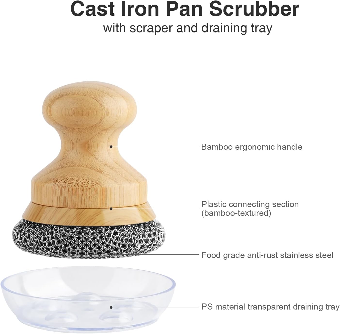 Cast Iron Scrubber and Scraper,Chain Mail Cleaner with Bamboo Handle & Draining Tray,316 Stainless Steel Brush for Cleaning Pots,Pans,Wok,Bakeware,Griddles, Grills,Dishes (Small Chain Mail)