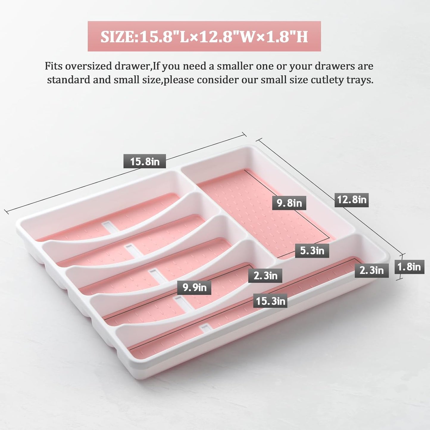 Silverware Organizer with Cutlery Icons，Pink Kitchen Silverware Tray for Drawer，Plastic Flatware Tableware Cultery Drawer Organizer Utensil Organizer with Non-slip TPR Linings，6-Compartment，Pink