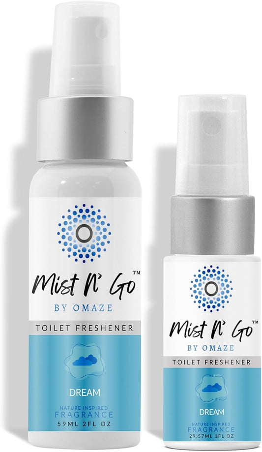 Mist N' Go by Omaze Travel Toilet Spray - Odor Eliminator and Bathroom Air Freshener Deodorizer - Dream Daily Pack (2oz x1 + 1oz x1)