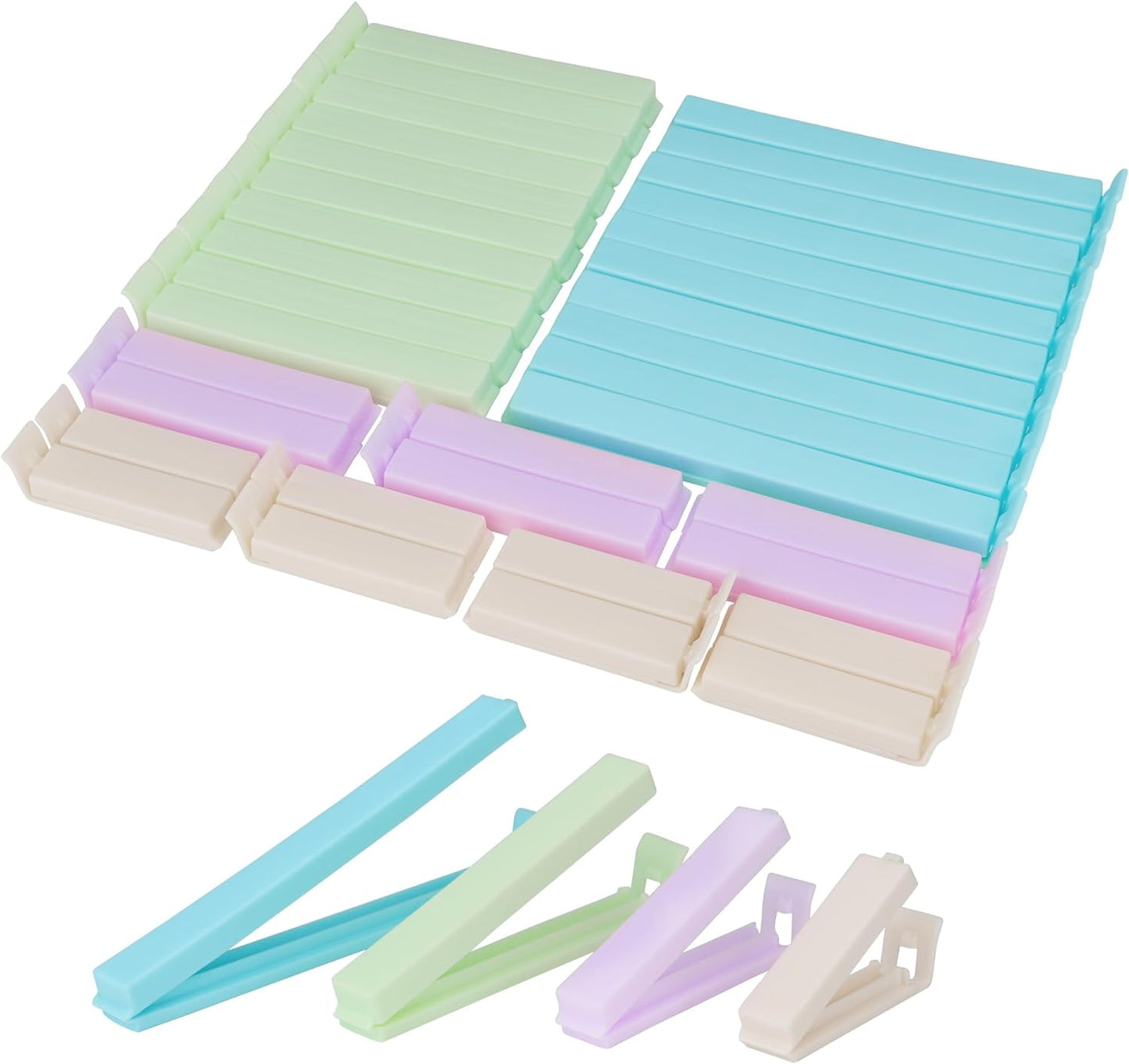34 Packs Plastic Chip Clips for Food Storage - Resealable Sealing Clips in 4 Sizes (2.4"/3.2"/4.3"/5.5") - Light Colors