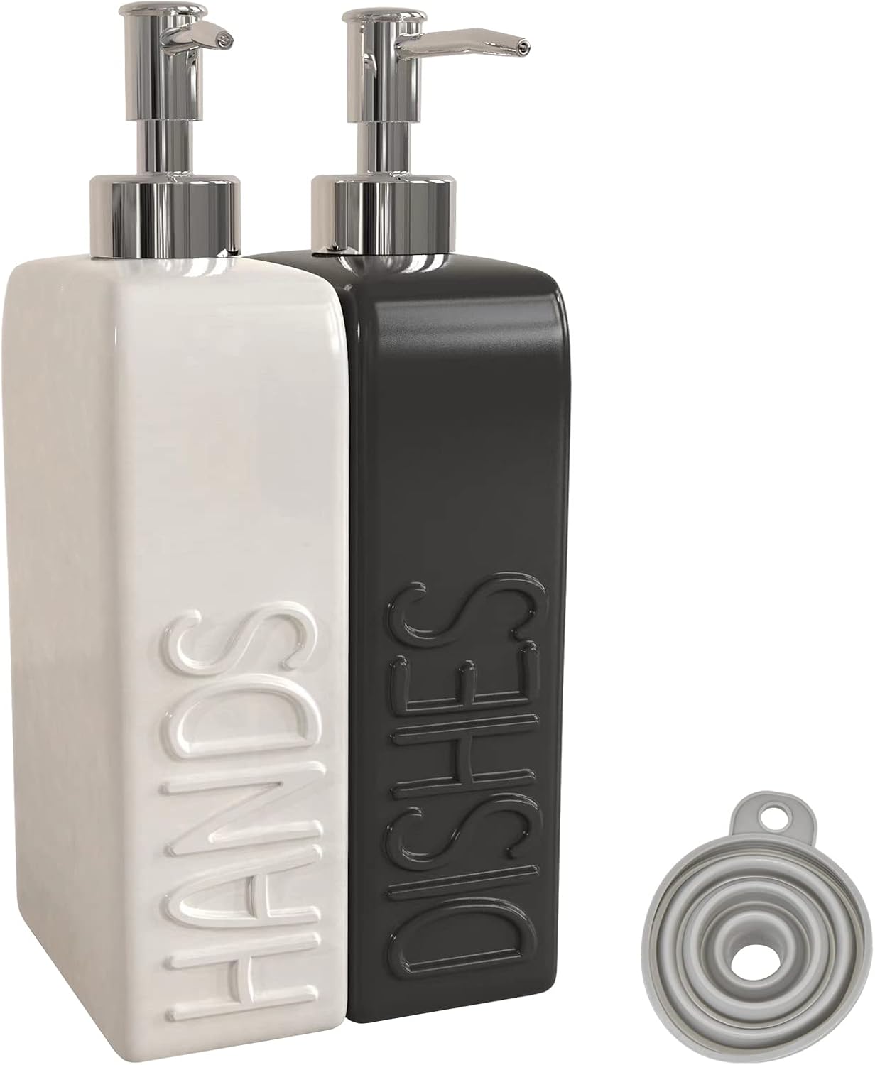 Soap Dispenser Set with Funnel, Non-Slip Silicone Pads, 2 Pack Ceramic Refillable Dish Soap and Hand Soap Dispenser for Kitchen, Bathroom, Matte Black and White