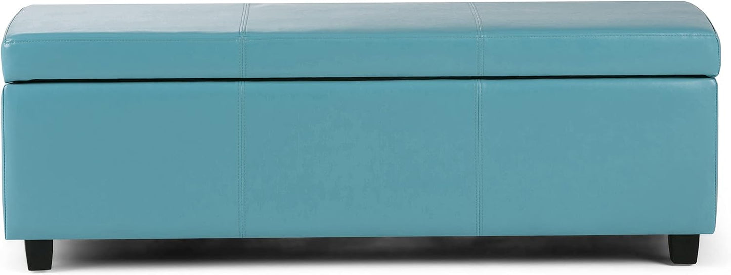 SIMPLIHOME Avalon 48 inch Wide Contemporary Rectangle Storage Ottoman Bench in Soft Blue Vegan Faux Leather, Assembled, For the Living Room, Entryway and Family Room