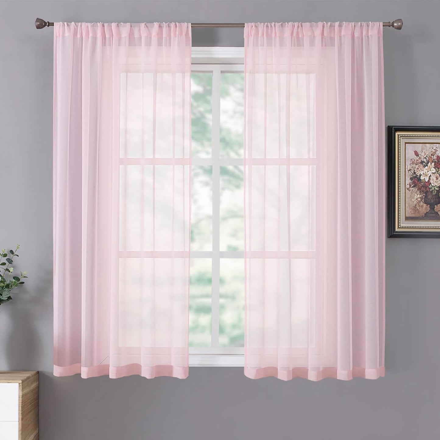 Tollpiz Short Sheer Curtain Living Room Linen Textured Curtains Sheer Light Filtering Voile Rod Pocket Curtain for Bedroom, 38 x 54 inches Long, Pink, Set of 2 Panels
