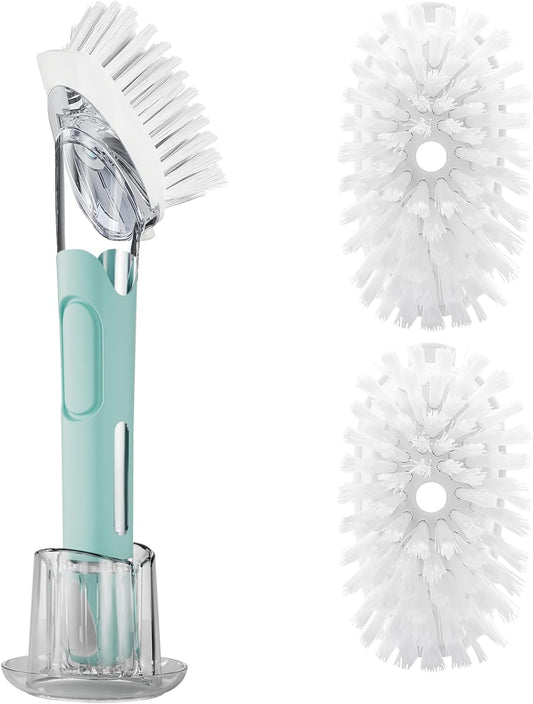 Soap Dispensing Replacement Dish Brush Storage Set with 2 PCS Brush Refills & Holder - RIMAY Dispenser Scrub Cleaning Scrubber Kitchen Dishwashing Dish Wand Handle for Dishes/Pans/Pots/Sink(Blue)