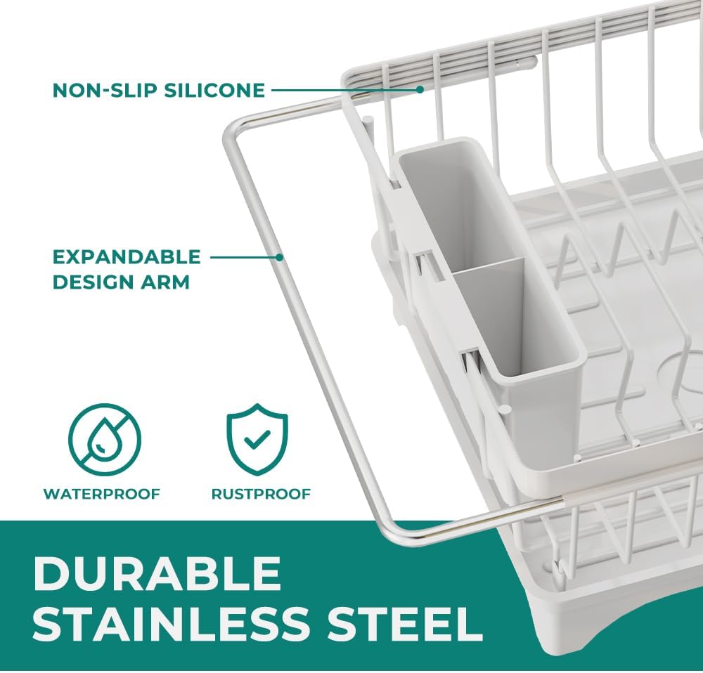 Small Dish Drying Rack in Sink, Expandable Stainless Steel Dish Drainers for Kitchen Counter, with Drain Board & Utensil Holder(White)