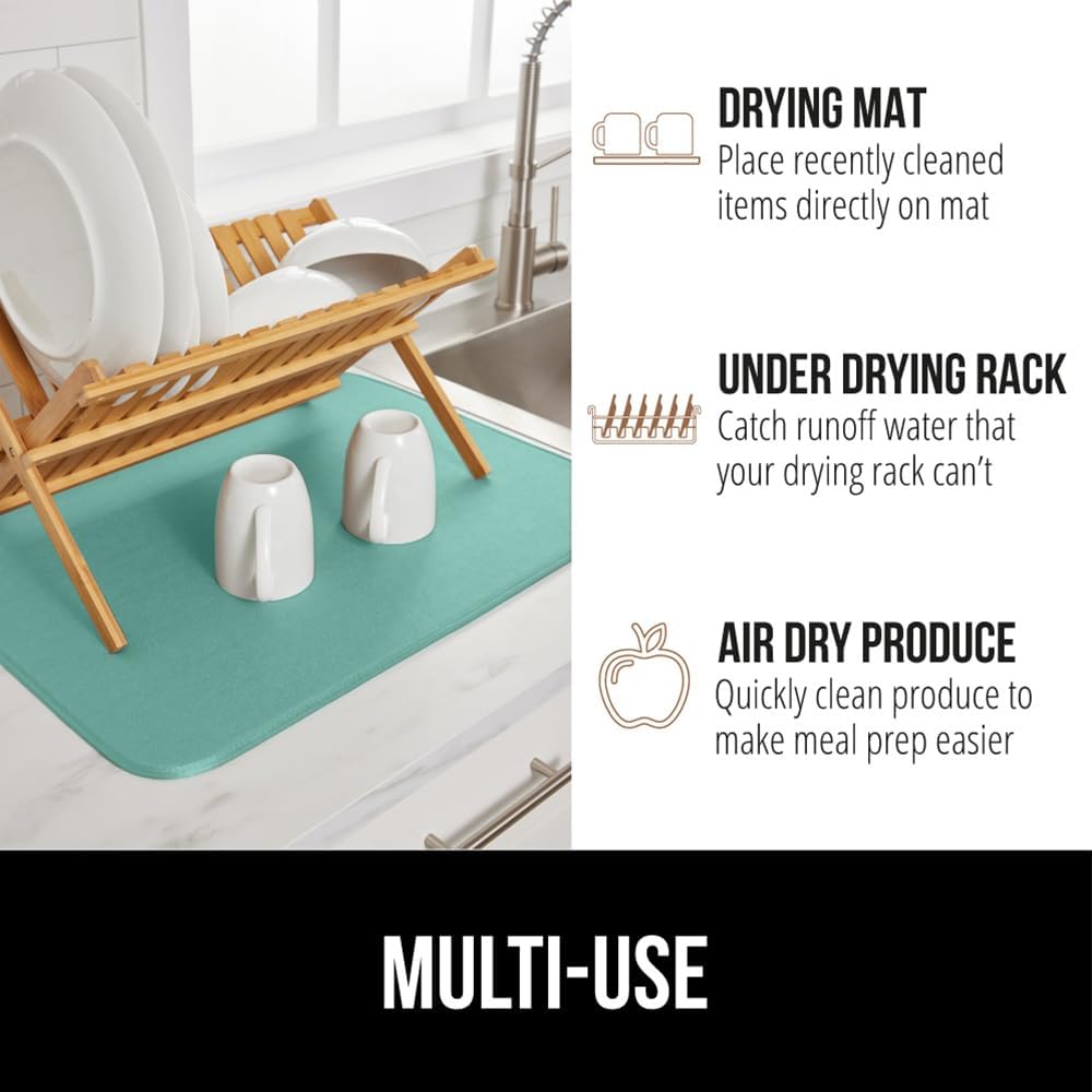 GORILLA GRIP Ultra Water Absorbent Microfiber Dish Drying Mat, 18x24, Quick Dry Thick Mesh, Slip Resistant Pad for Sink Dishes or Under Rack, Kitchen Counter Accessories, Machine Wash Mats, Mint