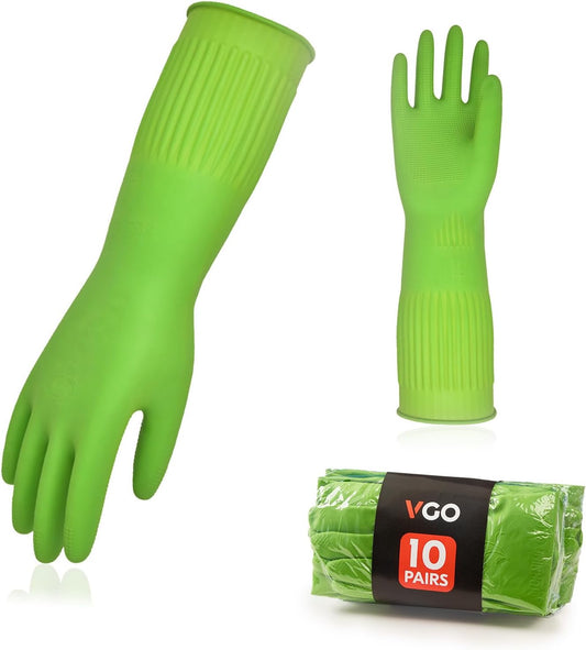 Vgo... 10-Pairs Dishwashing Gloves, Reusable Household Gloves, Kitchen Gloves, Long Sleeve, Thick Latex, Cleaning, Washing, Working, Painting, Gardening, Pet Care (Size M,Green, RB2143)
