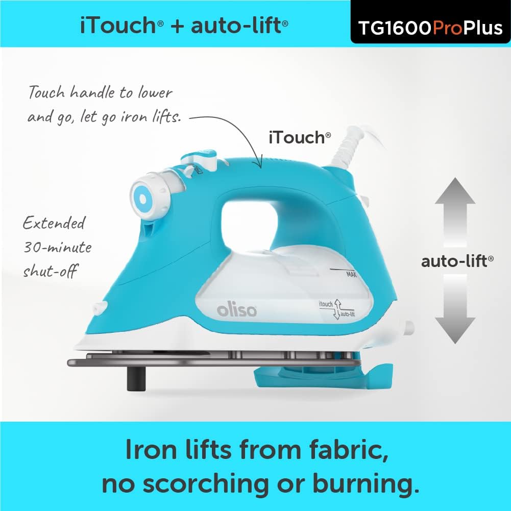 oliso TG1600 ProPlus Smart Iron with Auto-Lift – 1800 Watt Steam Iron for Clothes, Sewing, Quilting & Crafting – Diamond Ceramic-Flow Soleplate, Turquoise