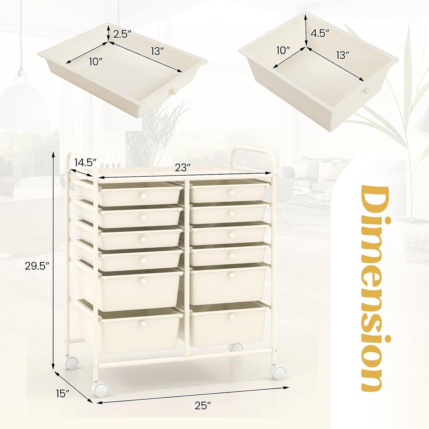 GOFLAME 12-Drawer Rolling Storage Cart, Multipurpose Organizer Cart with 2 Sizes Plastic Drawers, Mobile Utility Cart with Lockable Casters for School, Home Office, Beauty Salon, White