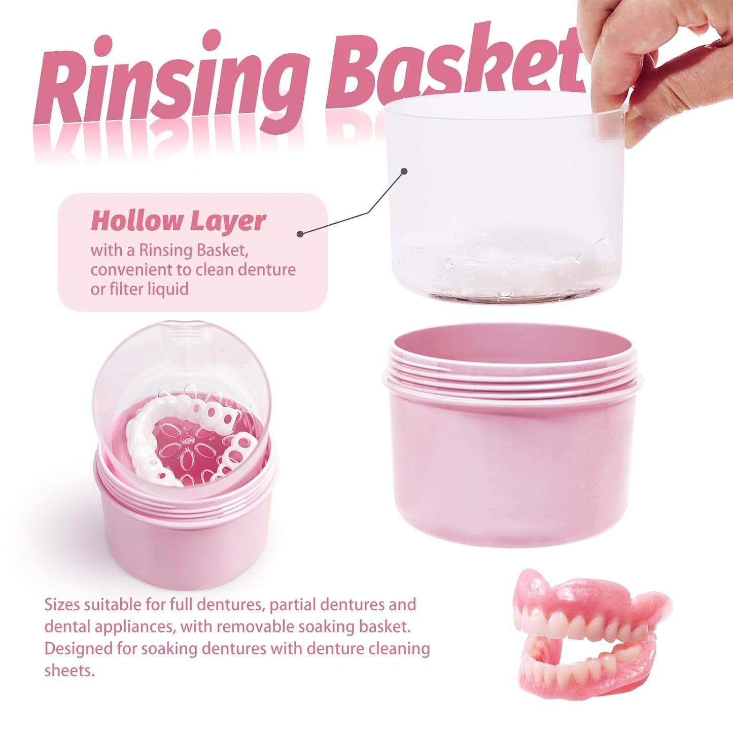 Denture Bath Case Cup Box Holder Storage Soak Container with Strainer Basket for Home or Travel Denture Cleaning (pink)